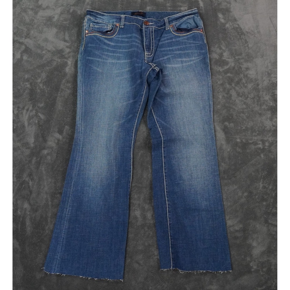 Seven7 Jeans Womens 14 Blue Boot Cut Embroidered Pockets Whiskers Distressed Hem